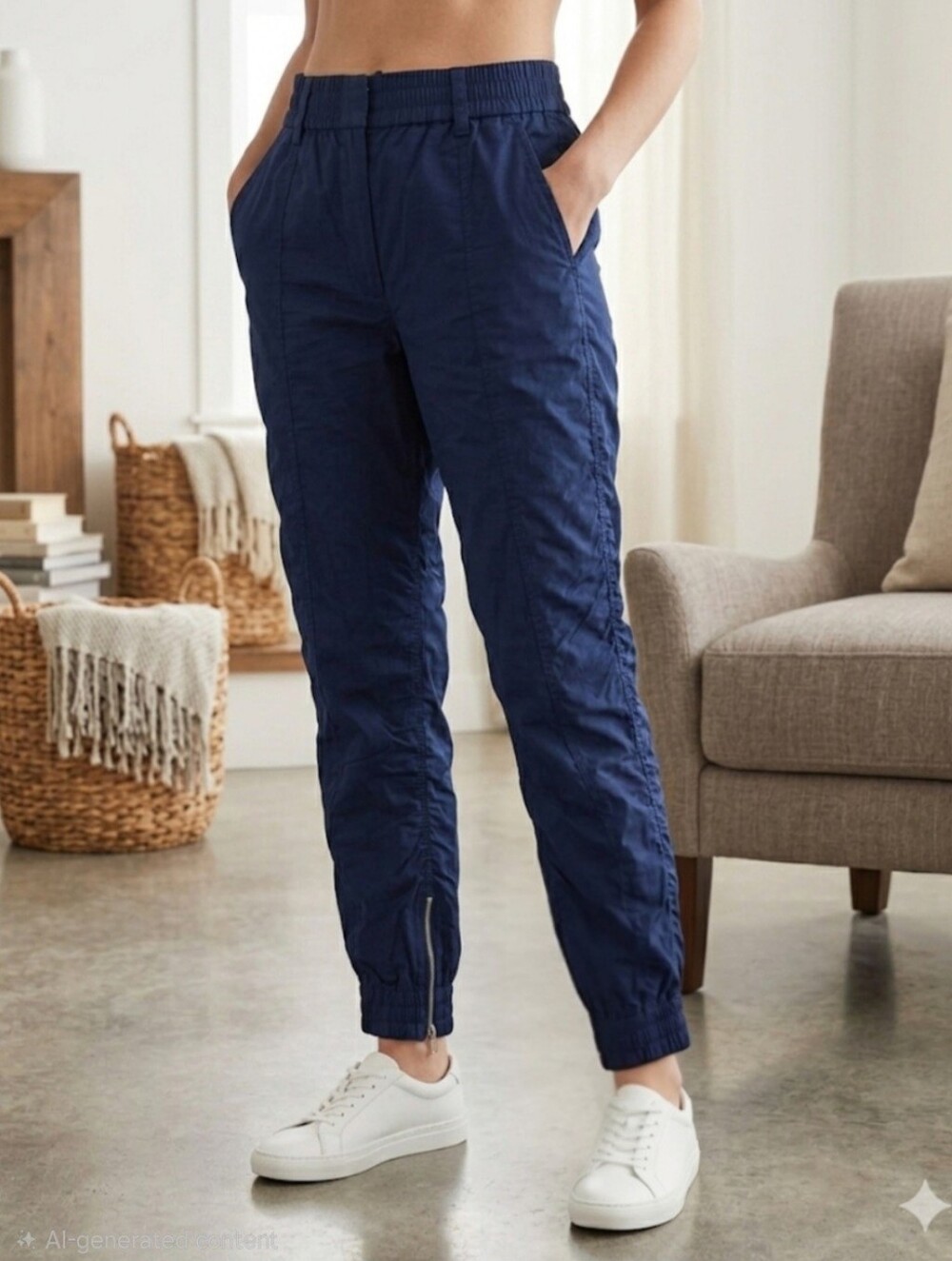 Derek Lam 10 Crossby Navy Ruched Track Joggers with Ankle Zips - Size 8